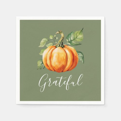 Grateful Orange Pumpkin Thanksgiving Moss Green Napkins