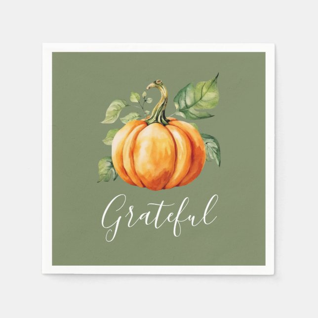 Grateful Orange Pumpkin Thanksgiving Moss Green Napkins (Front)