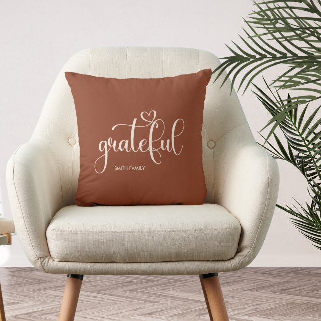 Grateful Personalized Family Name Brown Throw Pillow (Creator Uploaded)