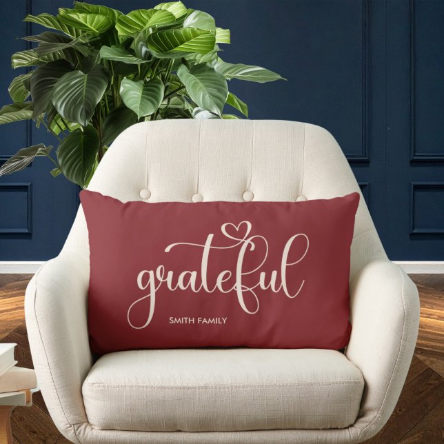 Grateful Personalized Family Name Burgundy Lumbar Pillow (Creator Uploaded)