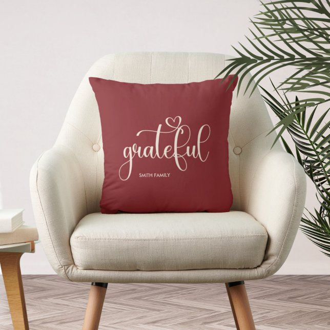 Grateful Personalized Family Name Burgundy Throw Pillow (Creator Uploaded)