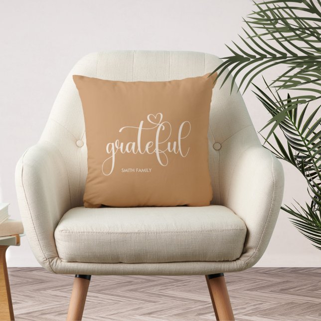 Grateful Personalized Family Name Orange Throw Pillow (Creator Uploaded)