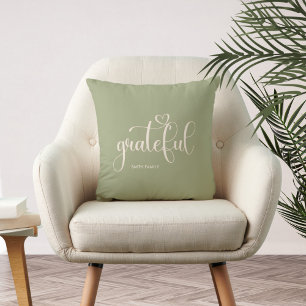 Grateful Personalized Sage Green Fall Autumn Throw Pillow