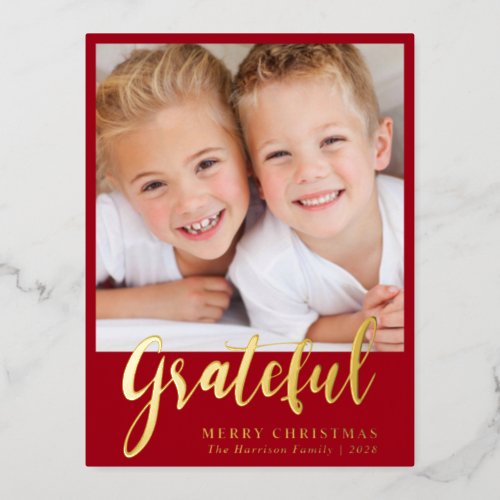 Grateful Photo Merry Christmas Red Foil Holiday Postcard