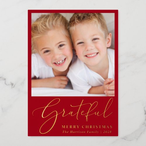 Grateful Photo Red Merry Christmas Foil Holiday Card