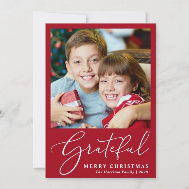 Grateful Photo Red Merry Christmas Holiday Card (Front)