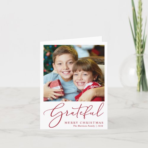 Grateful Photo Red Script Merry Christmas Holiday Card