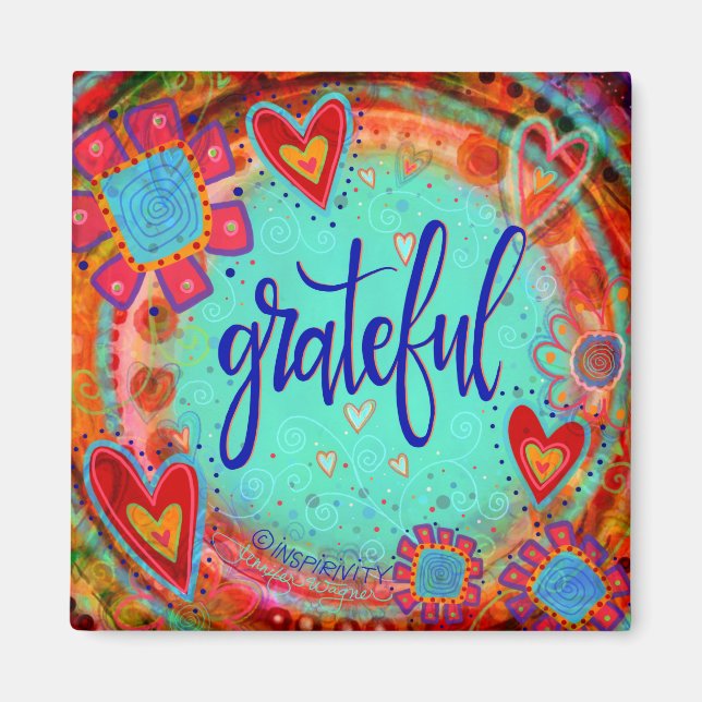 Grateful Pretty Floral Whimsical Inspirational Fun Magnet (Front)