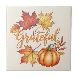 Grateful Pumpkin & Autumn Leaves Ceramic Tile