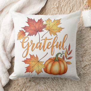 Grateful Pumpkin & Autumn Leaves Throw Pillow