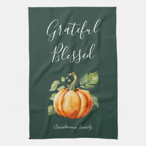 Grateful Pumpkin Thanksgiving Personalized Green Kitchen Towel