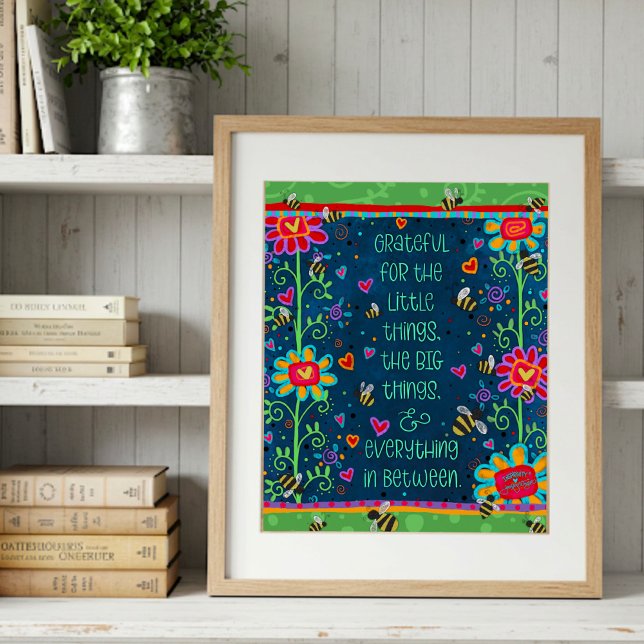 Grateful Quote Green Blue Floral Whimsical Art Photo Print (Creator Uploaded)