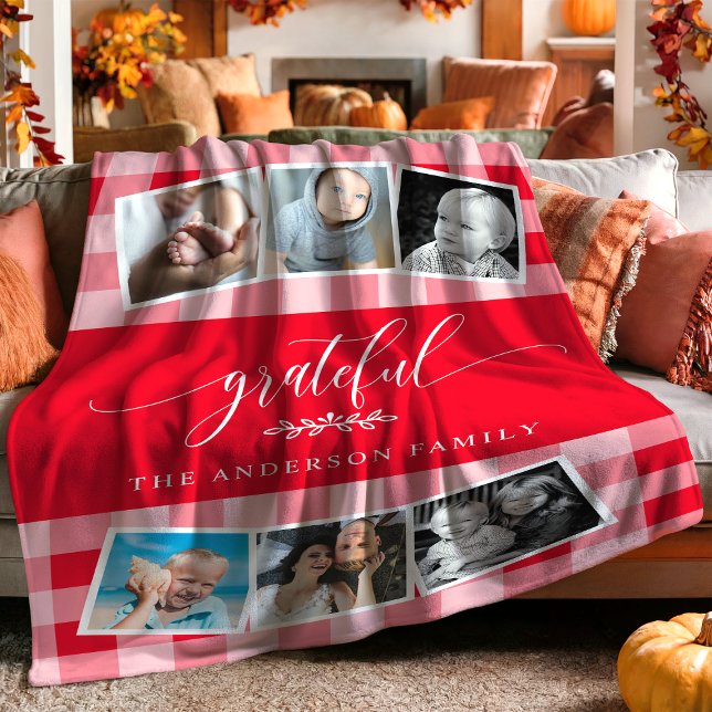 Grateful Red Plaid Fall Family 6 Photo Collage Fleece Blanket (Creator Uploaded)