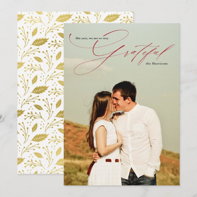 Grateful Red Script Calligraphy Full Photo Holiday Card (Front/Back)