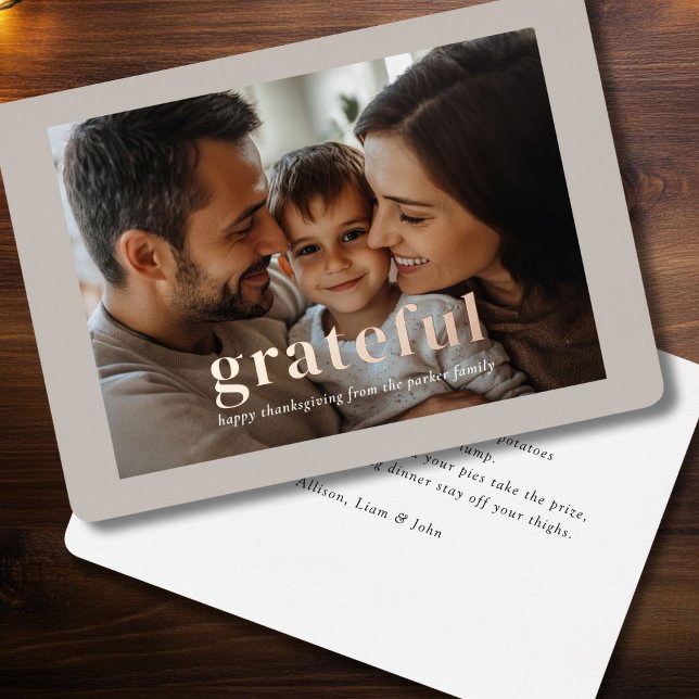 "Grateful" Rose-Gold-Foil, Photo Foil Invitation ("Grateful" Modern, Minimal, Elegant, Rose-Gold-Foil, Photo Card.)