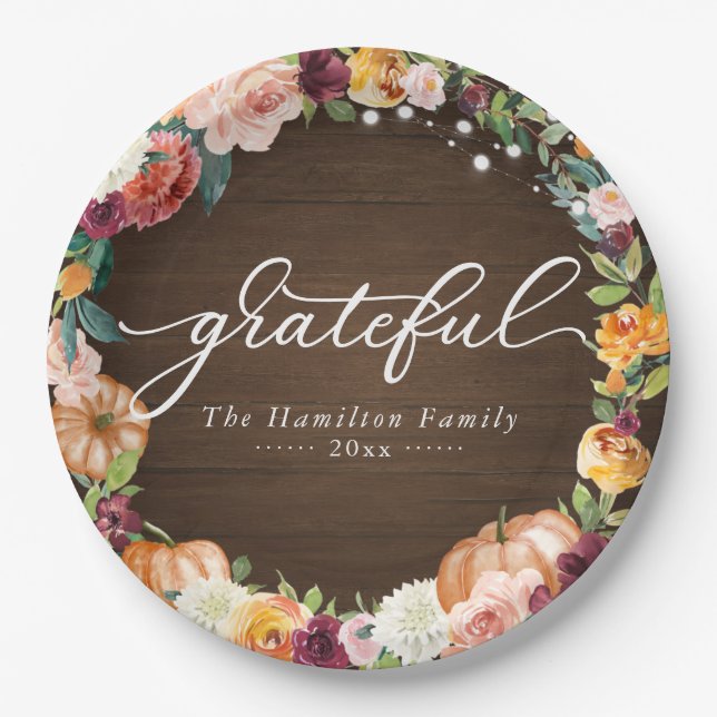 Grateful Rustic Autumn Flowers Thanksgiving Dinner Paper Plates (Front)