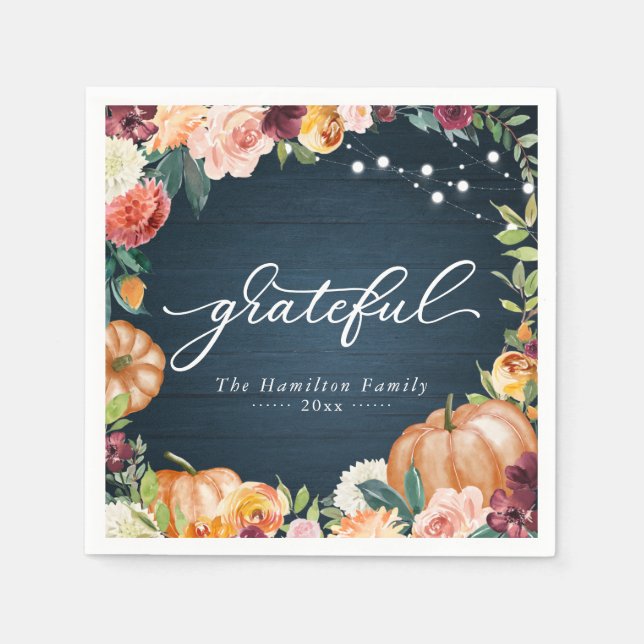 Grateful Rustic Fall Floral Thanksgiving Dinner Napkins (Front)