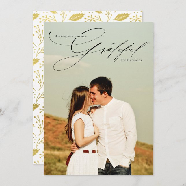 Grateful Script Calligraphy Full Photo Holiday Card (Front/Back)