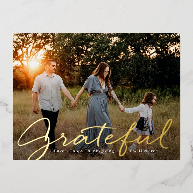 Grateful Script Foil Photo Thanksgiving Postcard (Front)