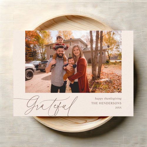 Grateful Script Handwriting Photo Thanksgiving Holiday Card