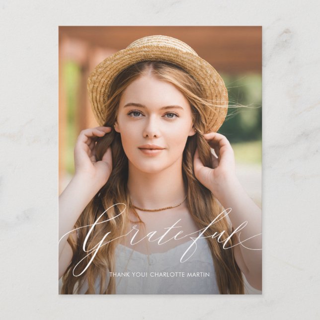 Grateful Script Photo Graduation Thank you Postcard (Front)