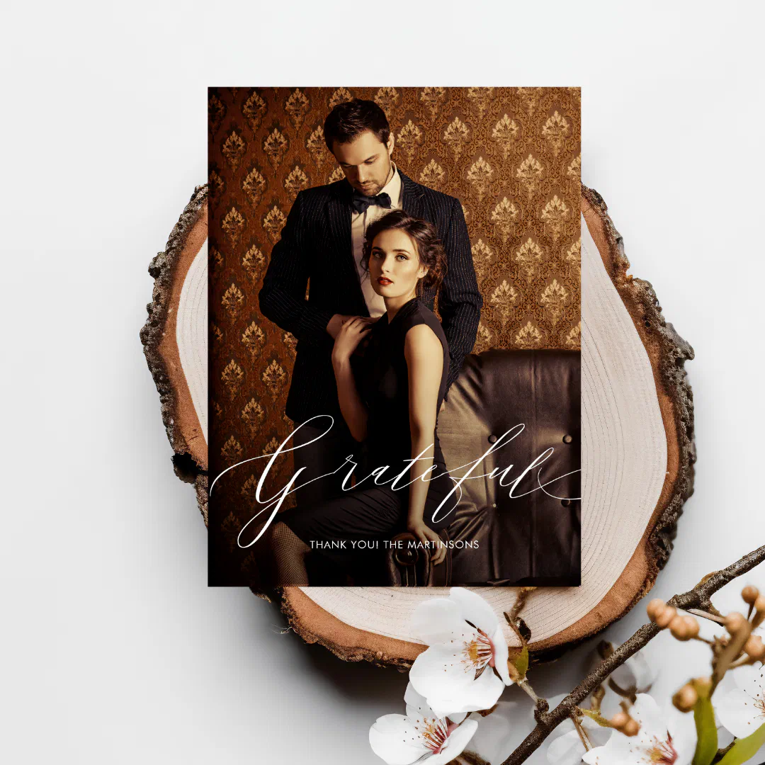 Grateful Script Photo Wedding Thank you Postcard (Creator Uploaded)