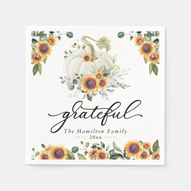 Grateful Sunflowers Pumpkin Greenery Thanksgiving Napkins (Front)
