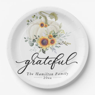 Grateful Sunflowers White Pumpkin Thanksgiving Paper Plates