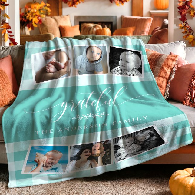 Grateful Teal Plaid Fall Family 6 Photo Collage Fleece Blanket (Creator Uploaded)