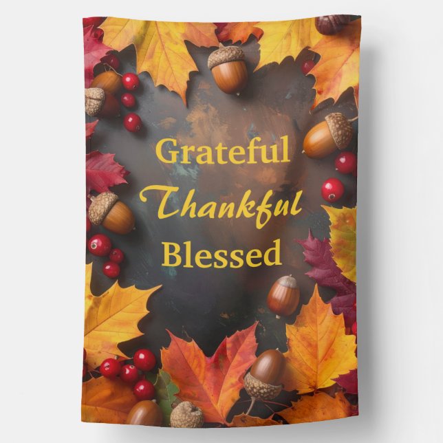Grateful Thankful Blessed Autumn Foliage House Fla Flag (Back)