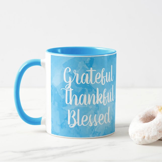 Grateful Thankful Blessed Blue Watercolor Mug (With Donut)