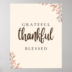 Grateful Thankful Blessed Botanical Poster