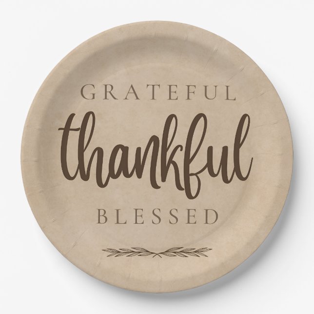 Grateful Thankful Blessed Brown Paper Plates (Front)