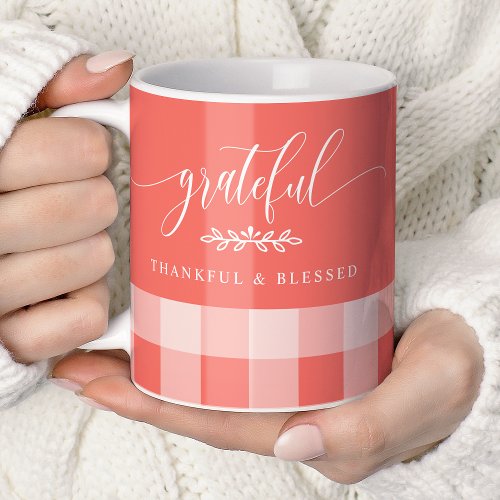 Grateful Thankful Blessed Coral &Amp;Amp; White Plaid Coffee Mug