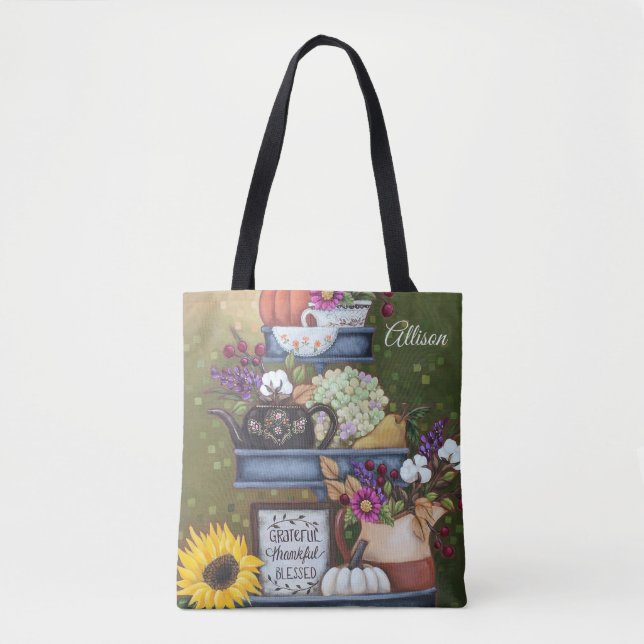 Grateful, Thankful, Blessed Customized Tote Bag (Front)