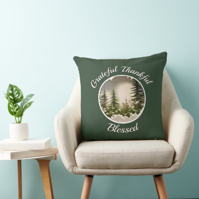 "Grateful, Thankful, Blessed" Dark Green  Throw Pillow (Chair)
