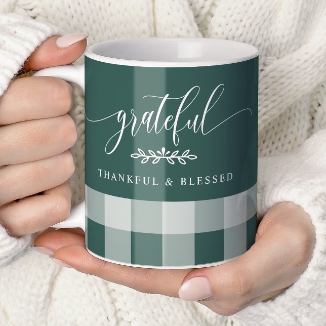 Grateful Thankful Blessed Green & White Plaid Coffee Mug (Creator Uploaded)