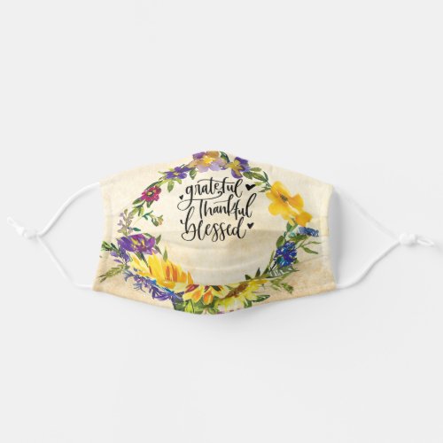 Grateful Thankful Blessed Hearts  Flowers Adult Cloth Face Mask