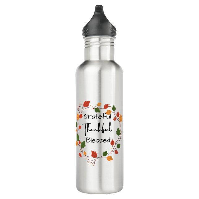 Grateful Thankful Blessed Leaves Fall Christian Stainless Steel Water Bottle (Right)