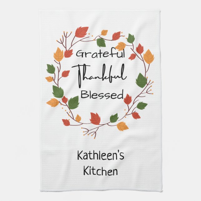Grateful Thankful Blessed Leaves Fall Orange Red Kitchen Towel (Vertical)