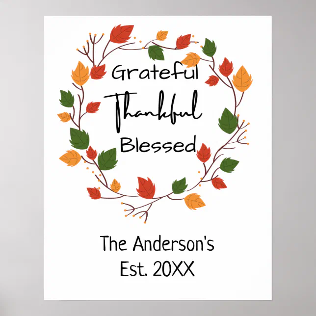 Grateful Thankful Blessed Leaves Fall Orange Red Poster | Zazzle