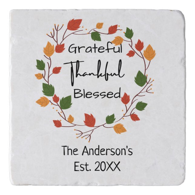 Grateful Thankful Blessed Leaves Fall Wedding Gift Trivet (Front)