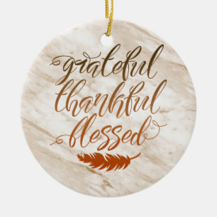 Grateful Thankful Blessed Modern Marble Feather Ceramic Ornament