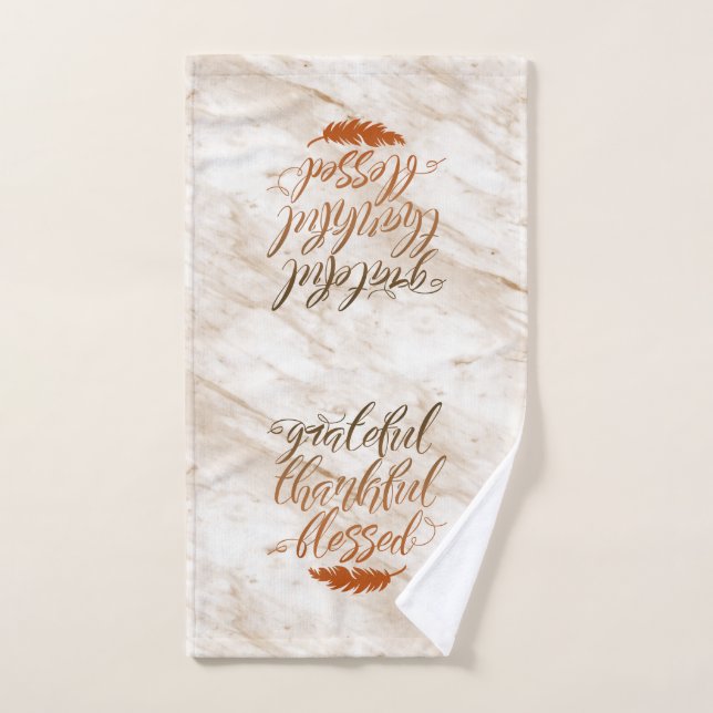 Grateful Thankful Blessed Modern Marble Feather Hand Towel (Hand Towel)