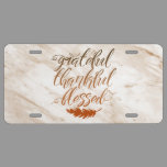 Grateful Thankful Blessed Modern Marble Feather License Plate