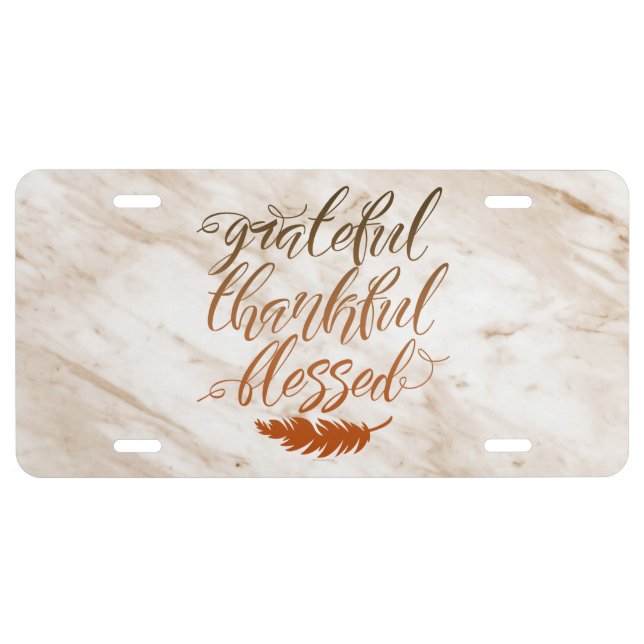 Grateful Thankful Blessed Modern Marble Feather License Plate (Front)