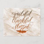 Grateful Thankful Blessed Modern Marble Feather Postcard