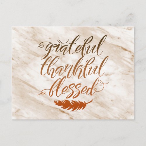 Grateful Thankful Blessed Modern Marble Feather Postcard