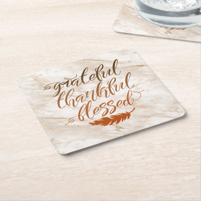 Grateful Thankful Blessed Modern Marble Feather Square Paper Coaster (Angled)