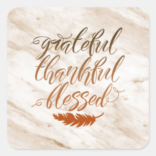 Grateful Thankful Blessed Modern Marble Feather Square Sticker